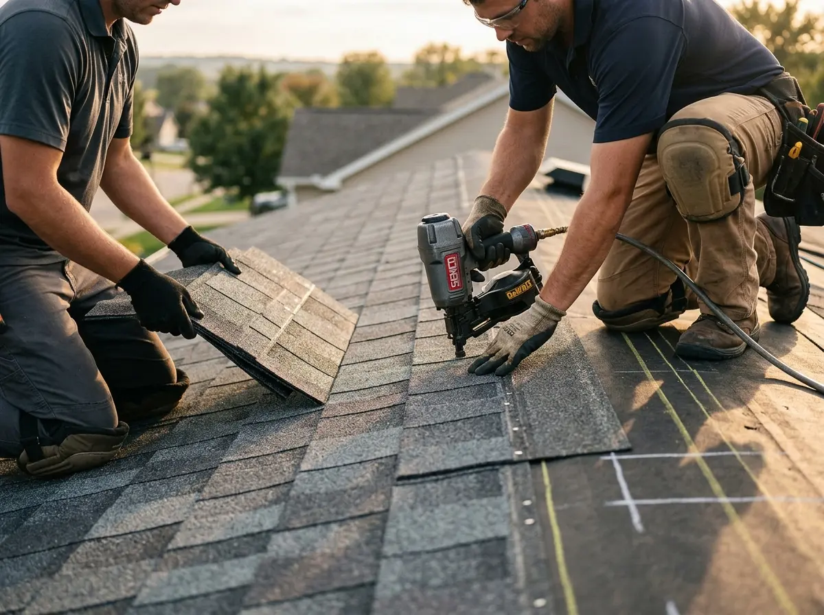 Professional roofer working on a residential roof in Wake Village